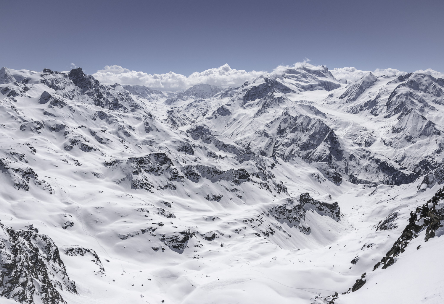 Aerial view of snow-covered mountains in Verbier